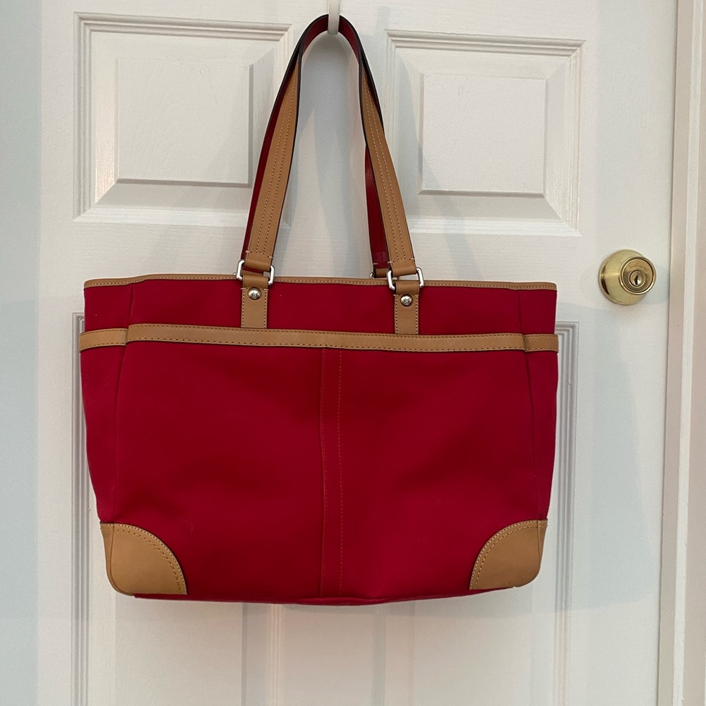 Coach Red Travel Tote / Diaper Tote with Long Strap and So Many Pockets! - Picture 5 of 16